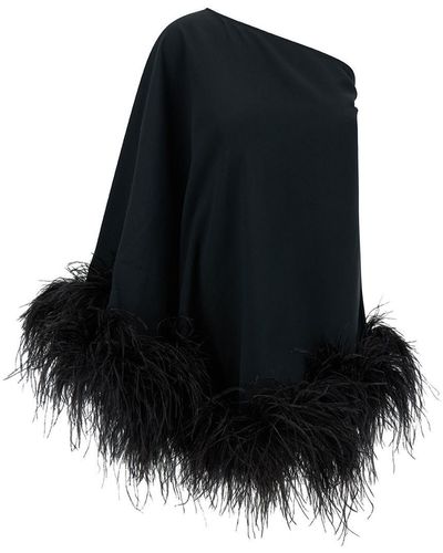 ‎Taller Marmo 'Ubud' Mini One-Shoulder Dress With Feather Trim In - Black