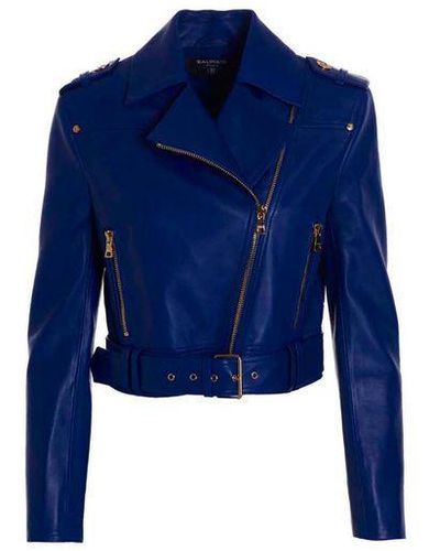 Balmain Leather Cropped Jacket - Blue