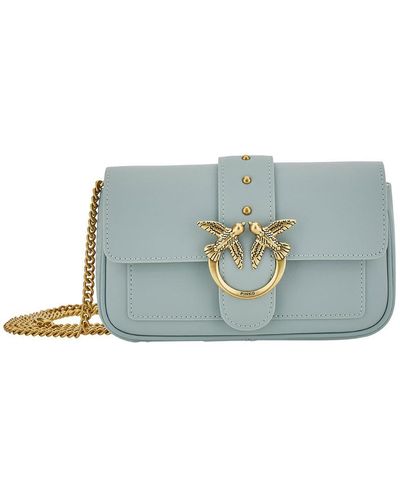 Pinko 'love One Pocket' Light Blue Shoulder Bag With Logo Detail In Smooth Leather Woman