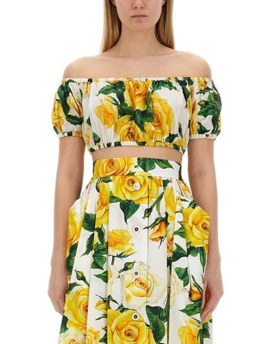 Dolce & Gabbana Crop Top With Floral Print - Yellow