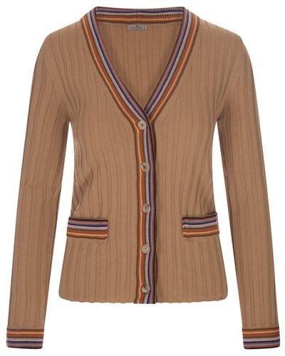 Etro Beige Ribbed Cardigan With Stripes - Brown