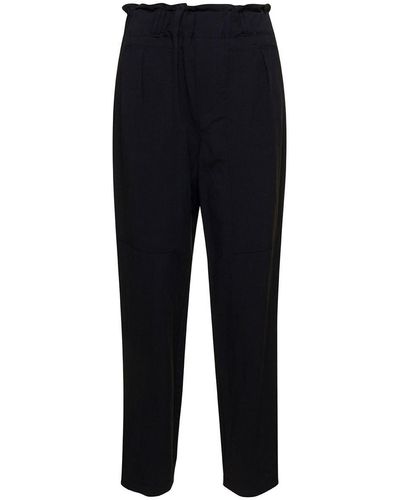 Plain Black Cargo Pants With Gathered Waist In Linen Blend Woman - Blue
