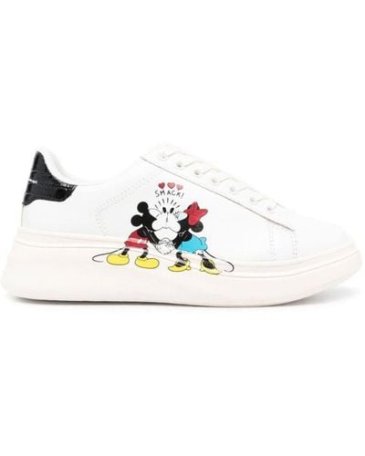 MOA Moa White Leather Sneakers With Mickey Mouse Kiss Print