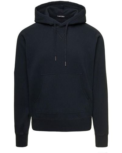 Tom Ford Hoodie With Kangaroo Pocket In Cotton Jersey Man - Blue