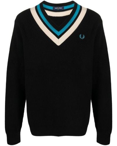Fred Perry Fp Striped Trim V Neck Jumper Clothing - Blue
