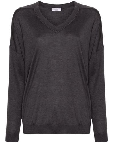 Brunello Cucinelli Cashmere And Silk Blend V-necked Sweater - Black