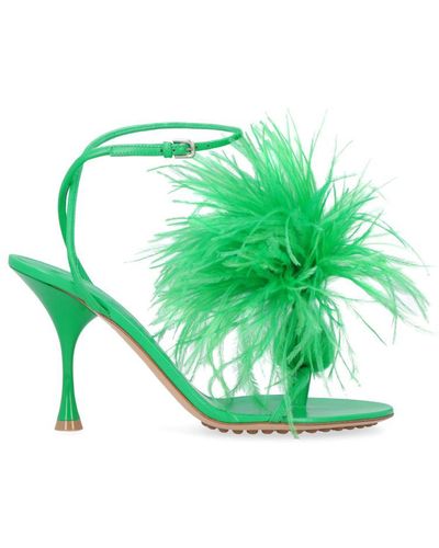 Bottega Veneta Dot Leather Sandals With Feathers - Green