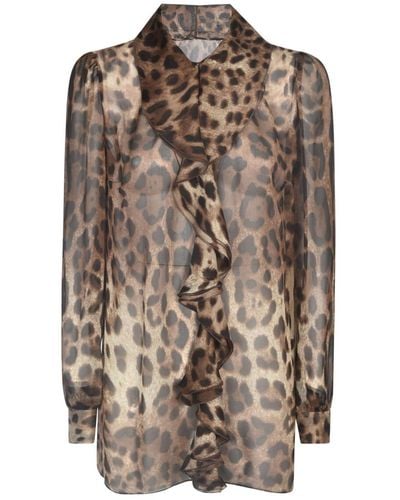 Dolce & Gabbana Leopard-Print Chiffon Shirt With Ruches - Brown
