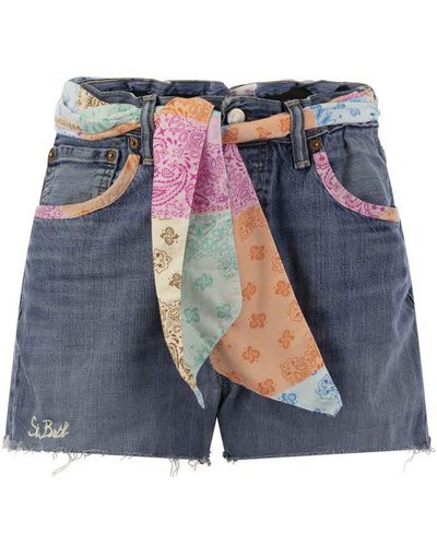 Mc2 Saint Barth Denim Shorts With Belt And Patches - Blue