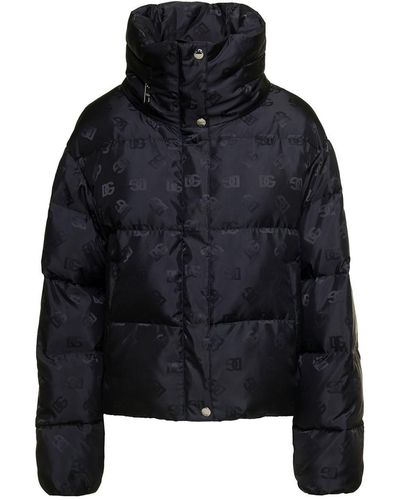 Dolce & Gabbana Black 'logo Puffer' Down Jacket With All-over Dg Print In Nylon Woman