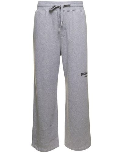 Dolce & Gabbana Grey Jogger Trousers With Drawstring And Logo Print In Cotton Man