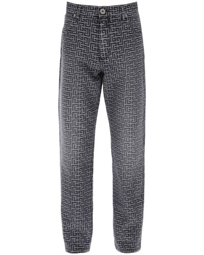 Balmain Jeans With Monogram Motif All-over - Grey
