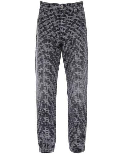 Balmain Jeans With Monogram Motif All-over - Gray