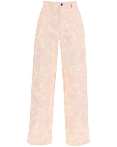 Burberry "Rose Print Canvas Workwear Pants" - Natural