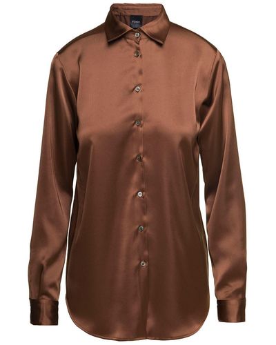 Plain Brown Long-sleeved Blouse And Button Fastening In Satin Woman