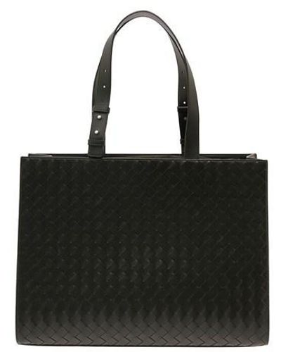 Bottega Veneta 'cargo' Dark Tote Bag With Intreccio Motif In Leather - Black