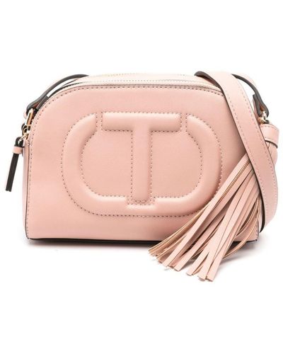 Twin Set Faux Leather Shoulder Bag With Embossed Oval T - Pink