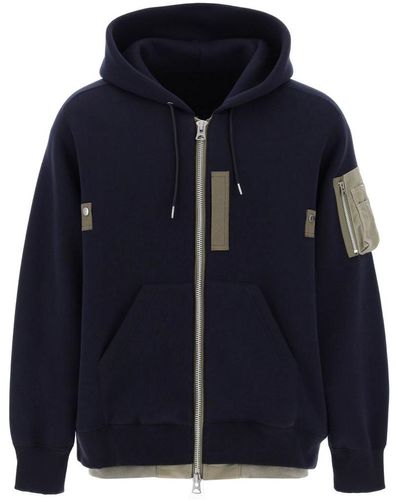 Sacai Full Zip Hoodie With Contrast Trims - Blue
