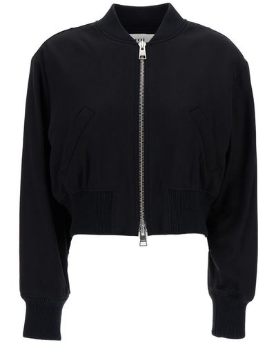 Ami Paris Black Crop Bomber Jacket With Logo Patch In Wool Blend Woman
