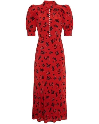Alessandra Rich Rose Print Silk Long Dress - Red