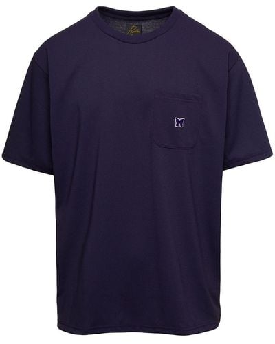 Needles Crewneck T-Shirt With Front Pocket And Embroidered Logo - Blue