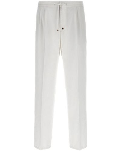 Brunello Cucinelli Leisure Fit Cotton Gabardine Pants With Drawstring And Double Darts - White