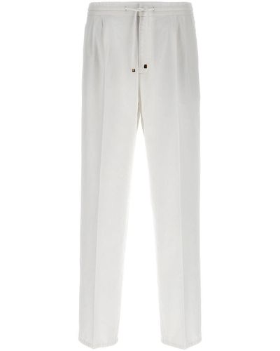 Brunello Cucinelli Leisure Fit Cotton Gabardine Trousers With Drawstring And Double Darts - White