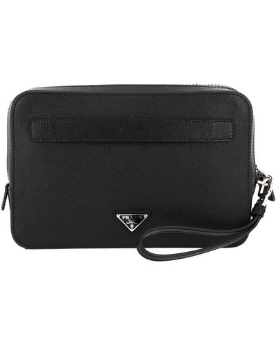 Prada Genuine Saffiano Leather Bag With Classic Logo And Wrist Tab - Black