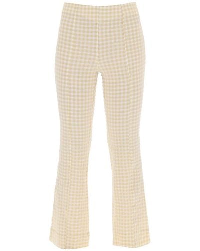 Ganni Flared Trousers With Gingham Motif - Natural