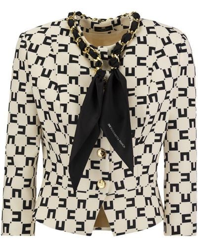 Elisabetta Franchi Logo Print Crepe Jacket With Foulard Chain - Black