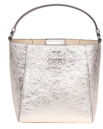 Tory Burch Mcgraw Small Bucket In Gold Colour Laminated Leather - White