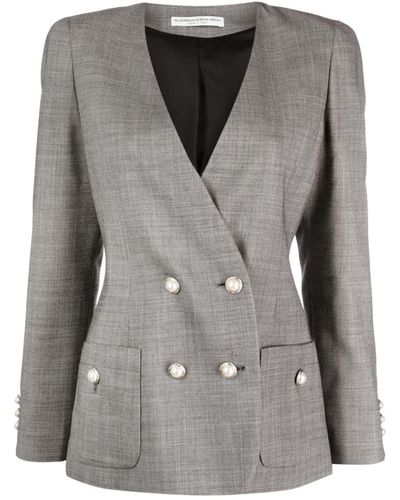 Alessandra Rich Double Breasted Tartan Wool Jacket - Gray