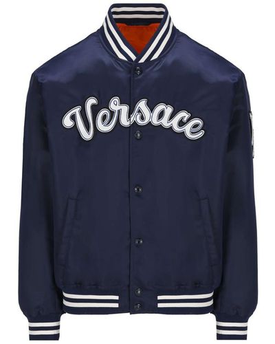 Versace Logo Embroidered Button-up Jacket - Blue