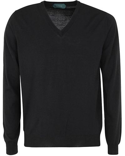 Zanone V-neck Basic Pullover Clothing - Black