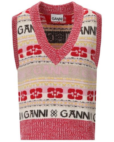 Ganni Striped Logo-intarsia Wool-blend Vest - Red
