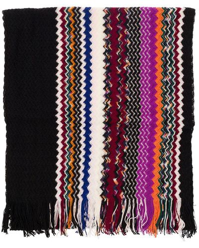 Missoni Multicolour Scarf With Zigzag Motif And Fringed Hem In Wool Blend Woman - Black