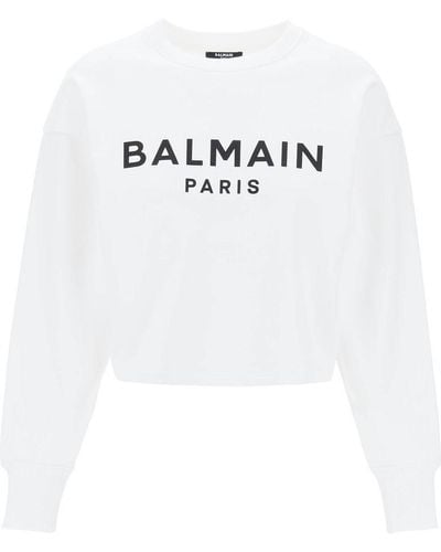 Balmain Logo Organic Cotton Cropped Sweatshirt - White