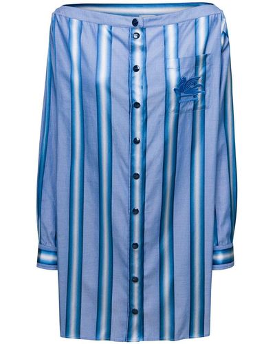 Etro Mini Light Off-The-Shoulders Striped Shirt Dress - Blue