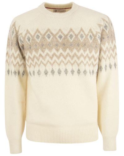 Brunello Cucinelli Icelandic Jacquard Buttoned Jumper In Alpaca, Cotton And Wool - Natural