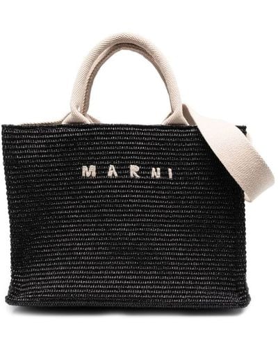 Marni Small Two-Tone Raffia Effect Fabric Tote Bag - Black