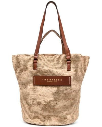 The Bridge Beige Woven Wicker Tote Bag With Logo In Straw And Leather Woman - Natural