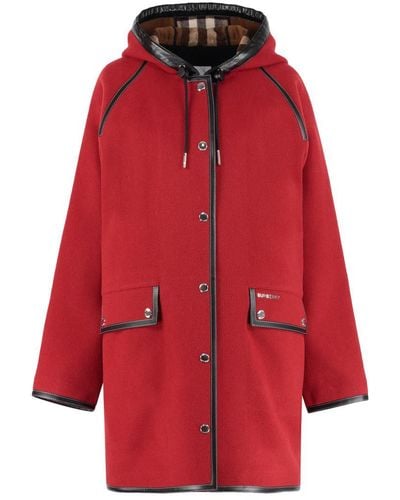 Burberry Hooded Wool Coat - Red