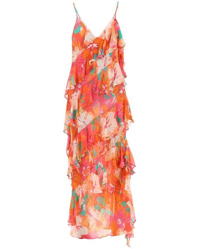 MSGM Maxi Frilled Dress With Tropical Motif - Red