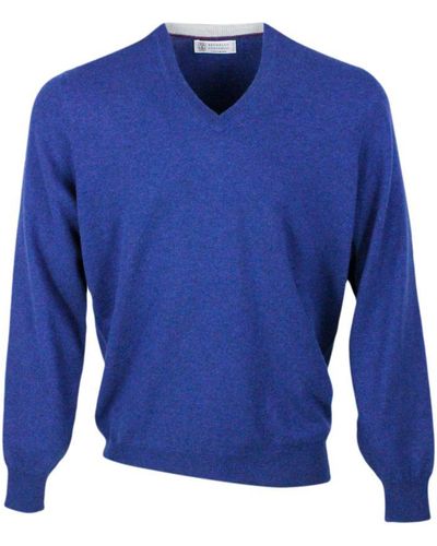Brunello Cucinelli 100% Fine Cashmere V-Neck Jumper With Contrasting Profile - Blue