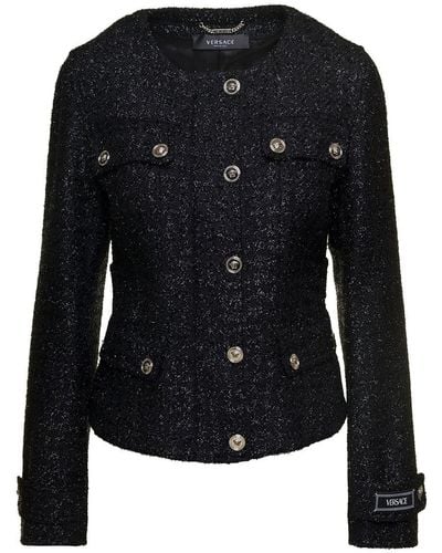 Versace Black Lurex Jacket With 'medusa' Silver-tone Hardware In Wool Blend Woman