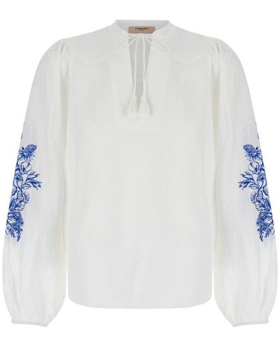Twin Set Blouse With Drawstring And Floreal Embroideries - White