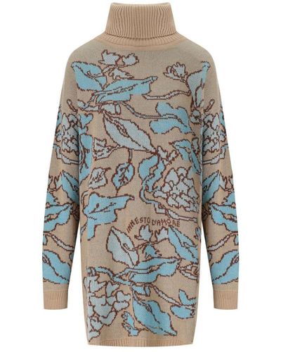 Twin Set Jacquard Hearts And Leafs Beige Turtleneck Maxi Sweater - Blue