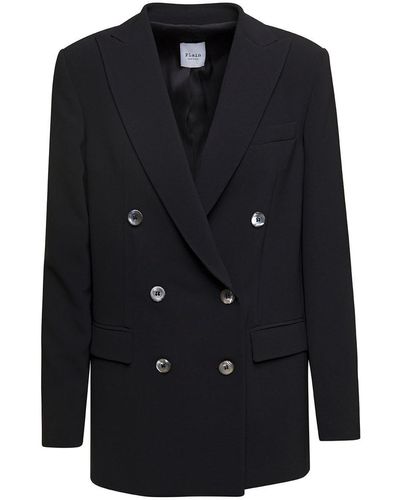 Plain Black Double-breasted Jacket With Peaked Revers And Tonal Buttons In Stretch Fabric Woman