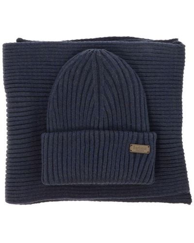 Barbour "crimdon" Scarf And Beanie Ribbed Set - Blue