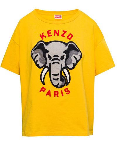 KENZO Oversize T-shirt With Elephant And Logo On The Chest - Yellow